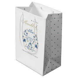 Bolsa De Regalo Mediana Elegante Marina Clásica Azul Feliz Floral Hanukkah