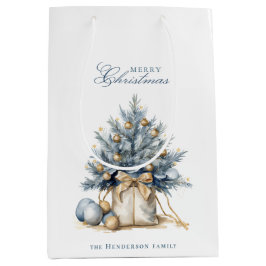 Bolsa De Regalo Mediana Elegante Merry Christmas Tree Gold Blue Custom Nam