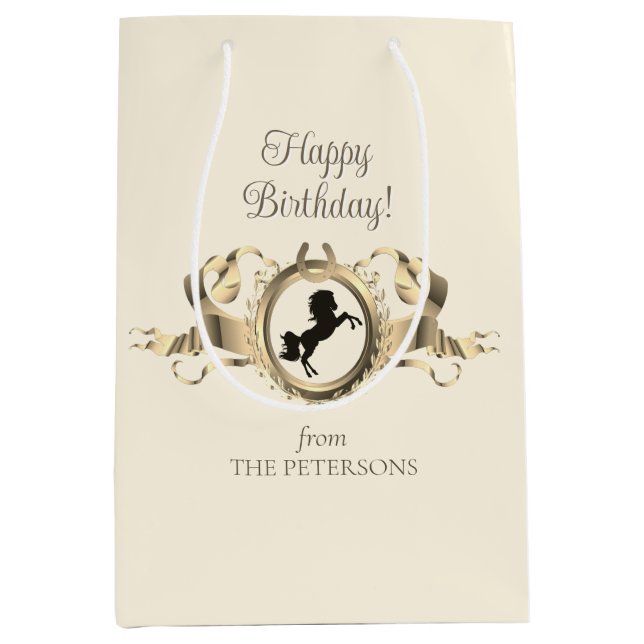 Bolsa De Regalo Mediana Elegante Moda Gold Equestrian Ribbon Escudo Nombre (Anverso)