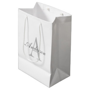 Bolsa De Regalo Mediana Elegante Monograma Blanco y Gris