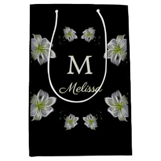 Bolsa De Regalo Mediana Elegante Monograma Floral Lilies Blancos
