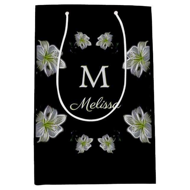 Bolsa De Regalo Mediana Elegante Monograma Floral Lilies Blancos (Anverso)