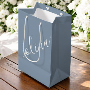 Bolsa De Regalo Mediana Elegante Monograma Minimalista con guion azul turb