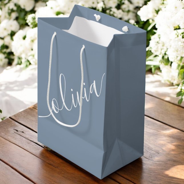 Bolsa De Regalo Mediana Elegante Monograma Minimalista con guion azul turb (Subido por el creador)