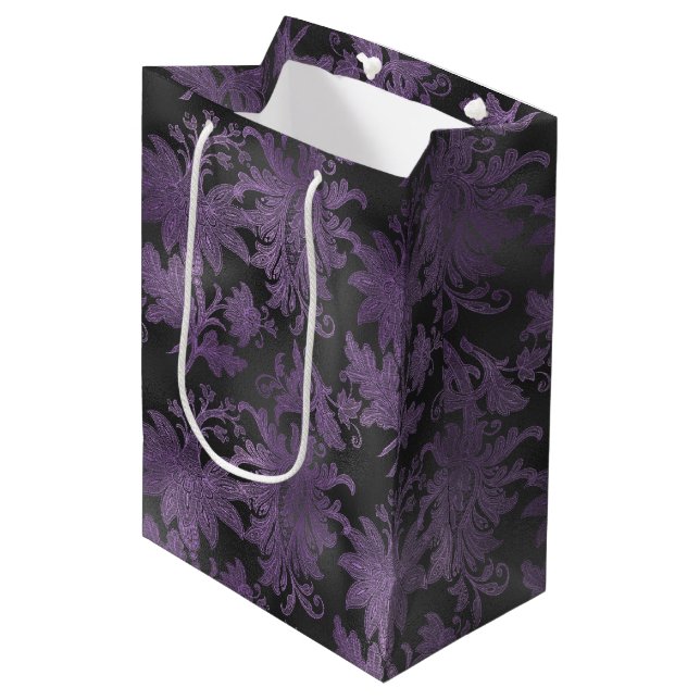 Bolsa De Regalo Mediana Elegante morado negro floral (Angulo Anverso)