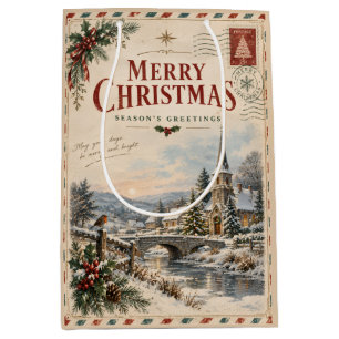 Bolsa De Regalo Mediana Elegante Navidad Vintage, estilo Tarjeta Postal Re