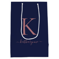 Elegante Navy Blue Rosa Rose Gold Monograma Nombre