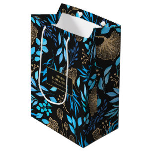 Bolsa De Regalo Mediana Elegante Negro Oro Ginkgo Floral Business
