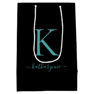 Bolsa De Regalo Mediana Elegante nombre de monograma negro y Verde azulado