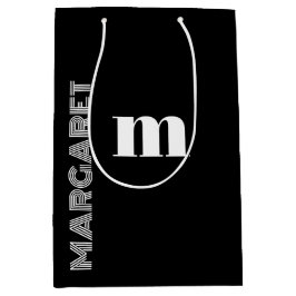 Bolsa De Regalo Mediana Elegante nombre inicial personalizado en negro y b