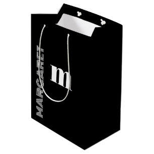 Bolsa De Regalo Mediana Elegante nombre inicial personalizado en negro y b