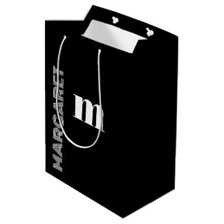 Bolsa De Regalo Mediana Elegante nombre inicial personalizado en negro y b
