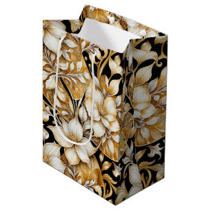Bolsa De Regalo Mediana Elegante papel de marfil y B;ack de tejidos floral