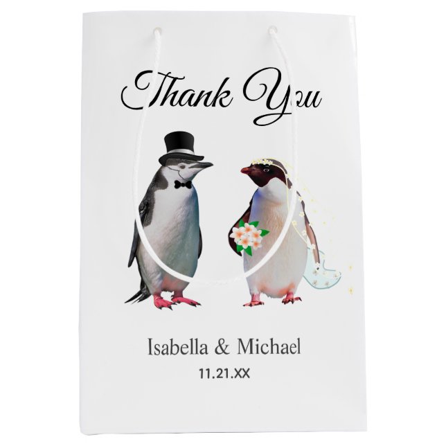 Bolsa De Regalo Mediana Elegante Pareja Pingüino Gracias Boda (Anverso)