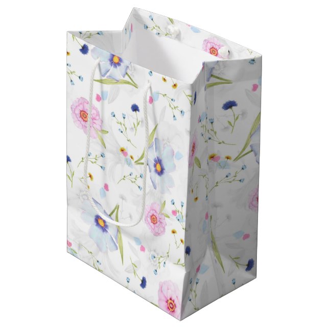 Bolsa De Regalo Mediana Elegante Pastel Azul y Flores Rosa Floral (Angulo Anverso)