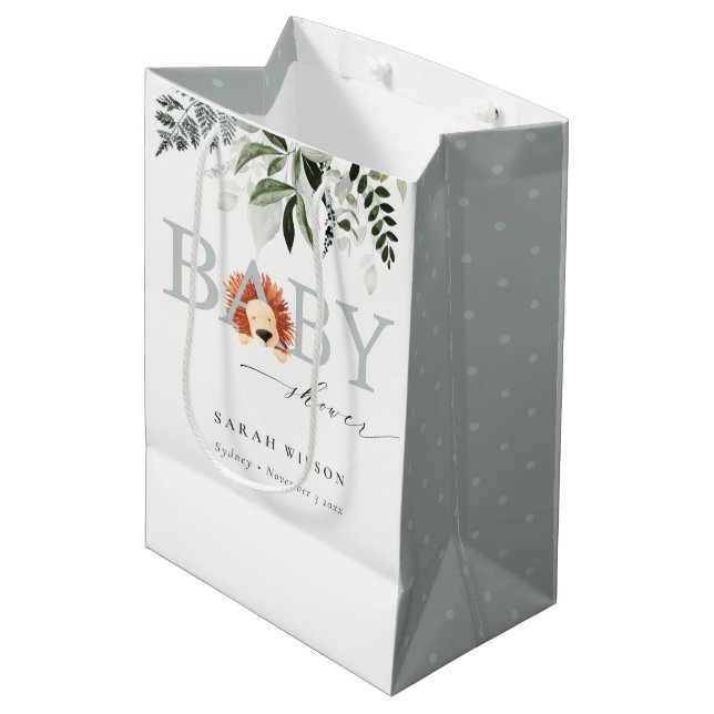 Bolsa De Regalo Mediana Elegante Pastel Cute Lion Foliage Baby Shower (Angulo Anverso)