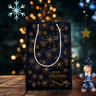 Bolsa De Regalo Mediana Elegante Patrón Azul Marino Feliz Navidad