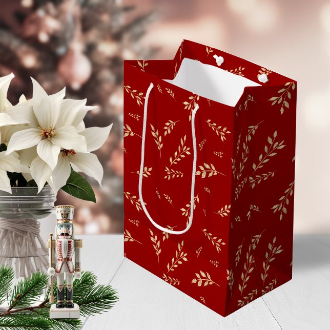 Bolsa De Regalo Mediana Elegante patrón botánico rojo y Relieve metalizado (Elegant Red and Gold Foil Botanical Pattern Medium Gift Bag)