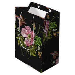 Bolsa De Regalo Mediana Elegante patrón de bordado floral fondo negro