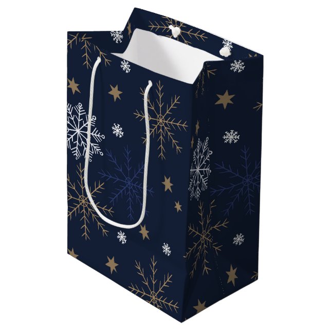 Bolsa De Regalo Mediana Elegante patrón de copo de nieve Azul oscuro (Angulo Anverso)