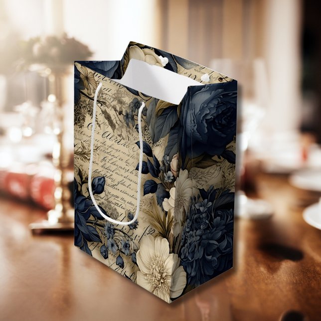 Bolsa De Regalo Mediana Elegante patrón floral de crema azul (Subido por el creador)
