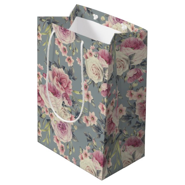 Bolsa De Regalo Mediana Elegante patrón floral de rosas y flores rosadas (Angulo reverso)