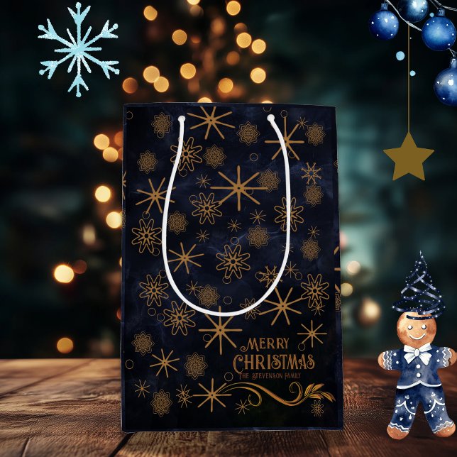 Bolsa De Regalo Mediana Elegante patrón Marina Azul Feliz Navidad (Elegant Pattern Blue Merry Christmas Medium Gift Bag)