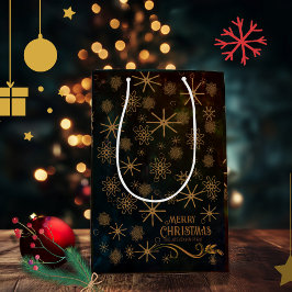 Bolsa De Regalo Mediana Elegante patrón NEGRO ORO Feliz Navidad