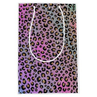 Bolsa De Regalo Mediana Elegante Purpurina rosa azul dorado Leopardo negro