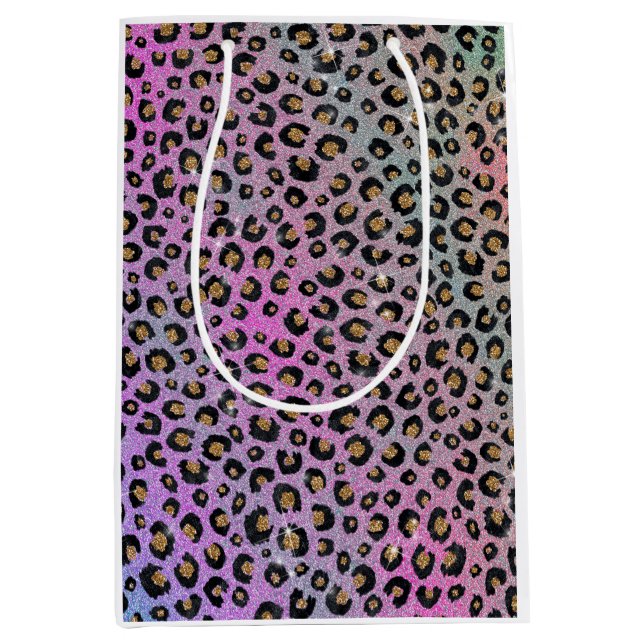 Bolsa De Regalo Mediana Elegante Purpurina rosa azul dorado Leopardo negro (Anverso)