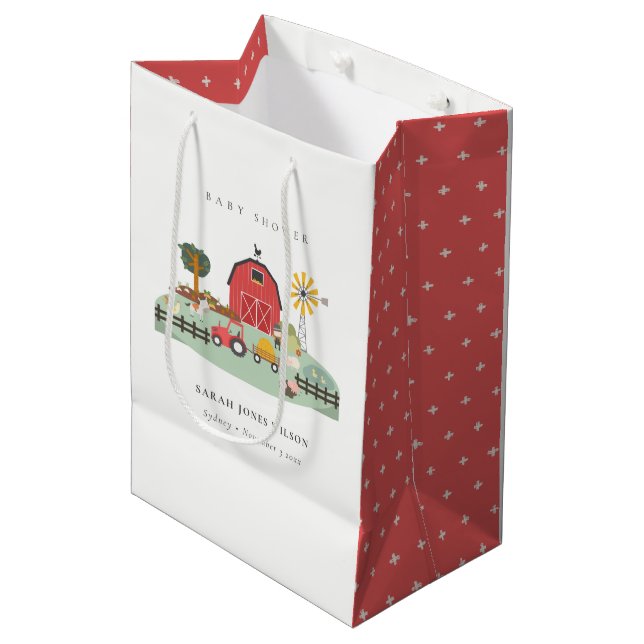 Bolsa De Regalo Mediana Elegante Red Barnyard Farm Animal Baby Shower (Angulo Anverso)