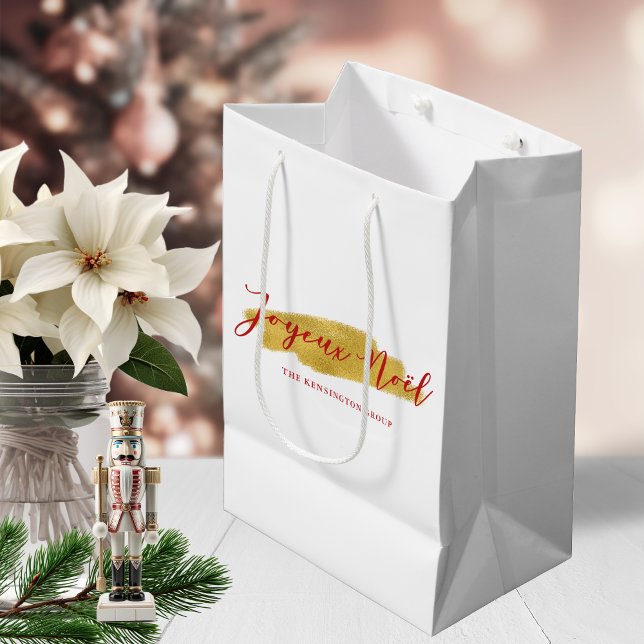Bolsa De Regalo Mediana Elegante Relieve metalizado dorado de Moda Joyeux  (Stylish Chic Gold Foil Joyeux Noel Christmas Medium Gift Bag)