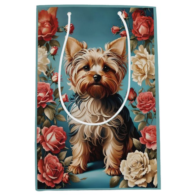 Bolsa De Regalo Mediana Elegante Rosa de retrato de Yorkshire Terrier (Anverso)