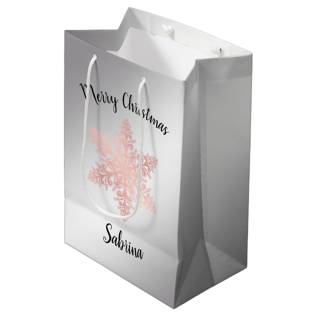 Bolsa De Regalo Mediana Elegante rosa dorado Feliz Navidad copo de nieve (Angulo Anverso)