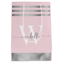 Bolsa De Regalo Mediana Elegante Rosa Rubor Plateado Rayado Guión Monogram