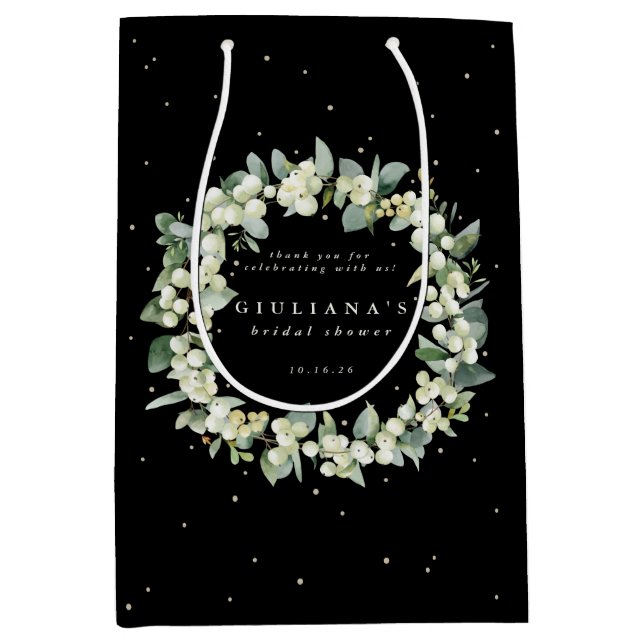 Bolsa De Regalo Mediana Elegante Snowberry negro + ducha nupcial Eucalyptu (Anverso)