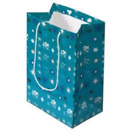 Bolsa De Regalo Mediana Elegante turquesa y blanco, estrellas y copos de n