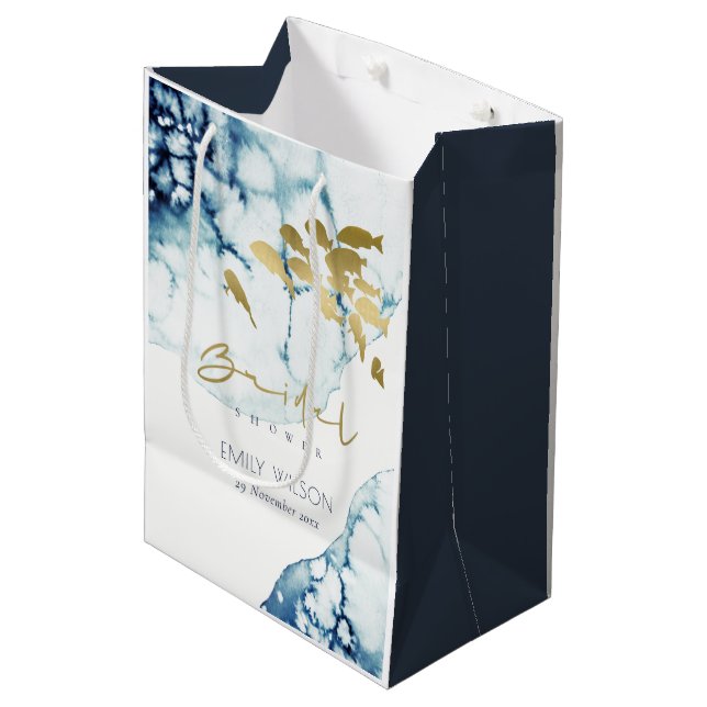 BOLSA DE REGALO MEDIANA ELEGANTES BODAS DE PESCES SUBMARINAS DE ORO NAVY (Angulo Anverso)
