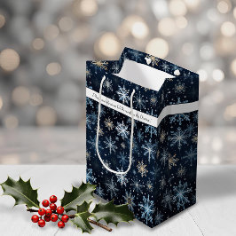 Bolsa De Regalo Mediana Elegantes Copos de Nieve Azules Navideños Vintage