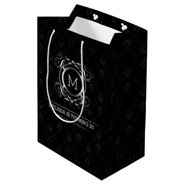 Bolsa De Regalo Mediana Elegantes damascos negros con marco plateado (Angulo reverso)