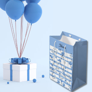 Bolsa De Regalo Mediana Elegantes flores azules diseño de rayas