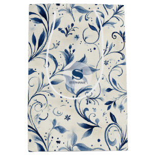 Bolsa De Regalo Mediana Elegantes hojas de paisley azul - fondo blanco (2)