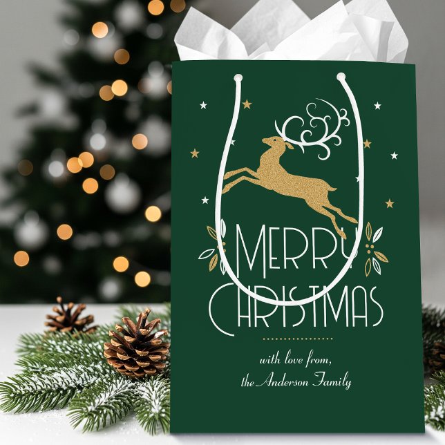 Bolsa De Regalo Mediana Elegantes Navidades Art Deco Ríndete Oro Verde (Subido por el creador)
