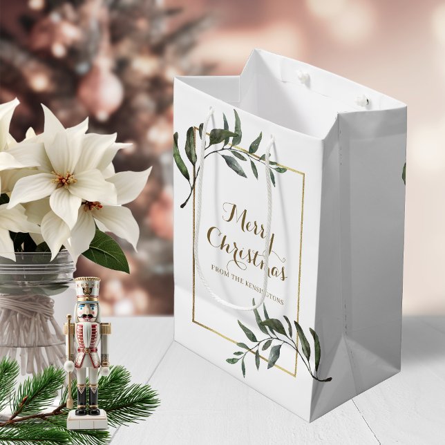 Bolsa De Regalo Mediana Elegantes Navidades de Moda Relieve metalizado dor (Elegant Chic Christmas Gold Foil Greenery Medium Gift Bag)