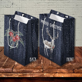 Bolsa De Regalo Mediana Elegantes Navidades de renos nevados azules y gris