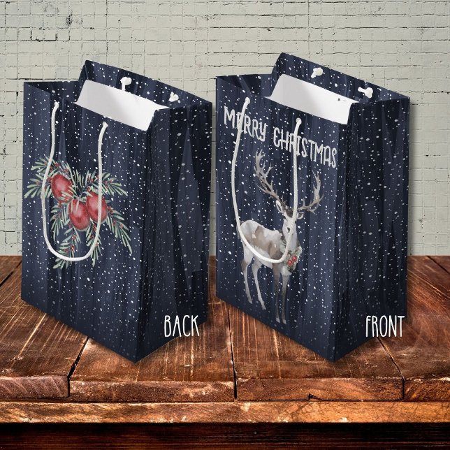 Bolsa De Regalo Mediana Elegantes Navidades de renos nevados azules y gris (Subido por el creador)