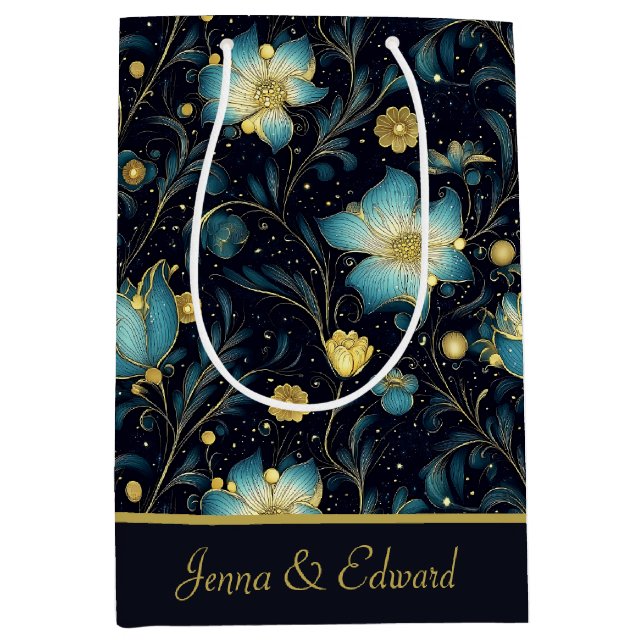 Bolsa De Regalo Mediana Elegantes Navidades florales azules y dorados (Anverso)