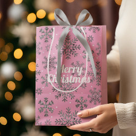 Bolsa De Regalo Mediana Elegantes Navidades rosados con elegantes copos de