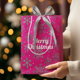 Bolsa De Regalo Mediana Elegantes Navidades rosados con elegantes copos de