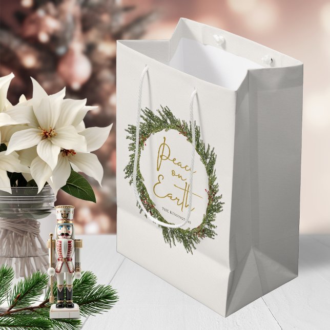 Bolsa De Regalo Mediana Elegantes Navidades rusos mostraron paz en la Tier (Rustic Elegant Christmas Wreath Peace on Earth Medium Gift Bag)